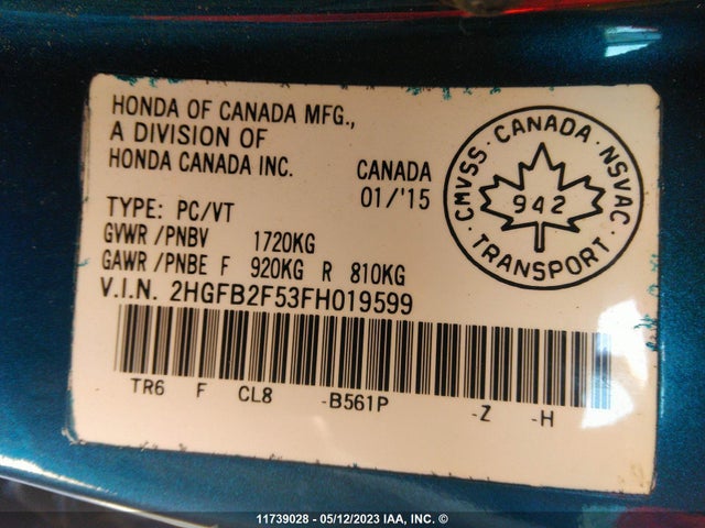 Honda Civic Sedan Ex 2015 2HGFB2F53FH019599 Image 9