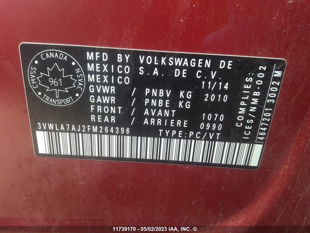 11739170 :رقم المزاد ، 3VWLA7AJ2FM264396 vin ، 2015 Volkswagen Jetta Sedan Highline مزاد بيع