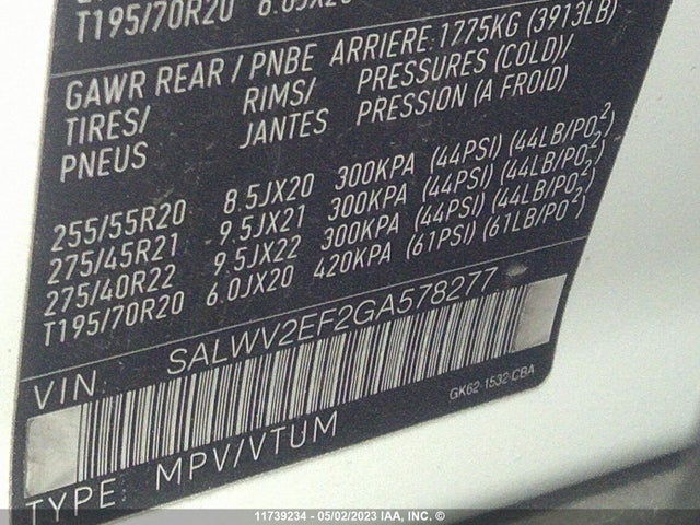 SALWV2EF2GA578277 Land Rover Pieces Range Rover Sp
