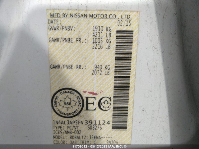 Nissan ALTIMA 2.5 2015 1N4AL3AP5FN391124 Image 10