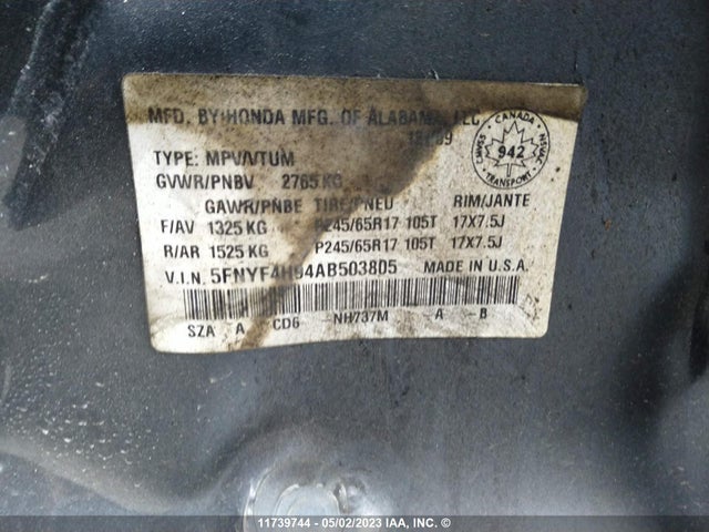Продажа на аукционе авто 2010 Honda Pilot Touring, vin: 5FNYF4H94AB503805, номер лота: 11739744