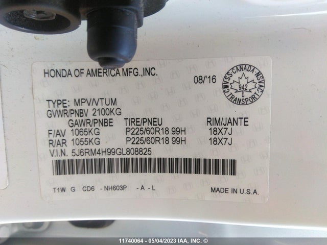 Honda Cr-v Touring 2016 5J6RM4H99GL808825 Image 9