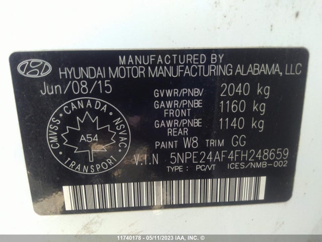 Hyundai SONATA SE 2015 5NPE24AF4FH248659 Image 10