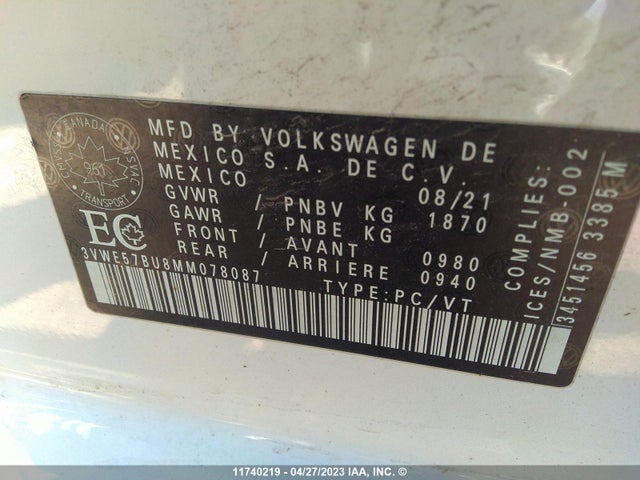 11740219 :رقم المزاد ، 3VWE57BU8MM078087 vin ، 2021 Volkswagen Jetta Sel مزاد بيع