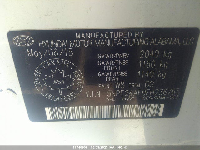 Hyundai SONATA SE 2015 5NPE24AF9FH236765 Image 11