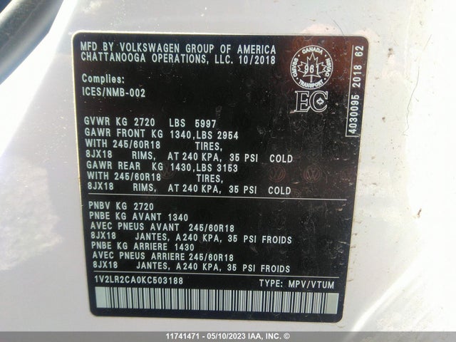 1V2LR2CA0KC503188 Volkswagen Atlas Comfortline