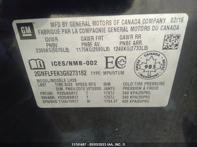 Chevrolet EQUINOX LT 2016 2GNFLFEK3G6273182 Image 9