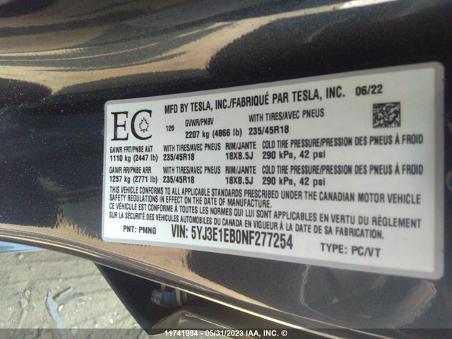 Tesla Model 3 Long Range 2022 5YJ3E1EB0NF277254 Image 11
