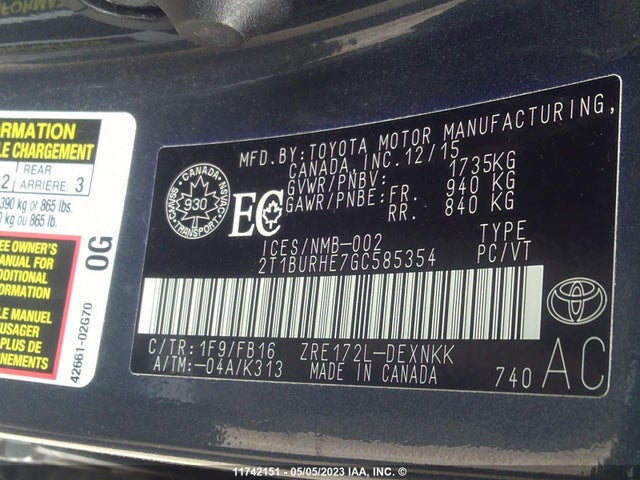 Toyota COROLLA CE/S/LE 2016 2T1BURHE7GC585354 Image 10