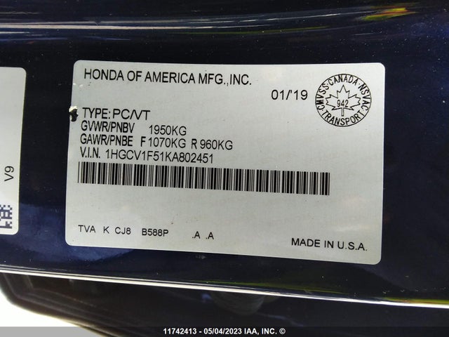 Honda ACCORD EXL 2019 1HGCV1F51KA802451 Image 9
