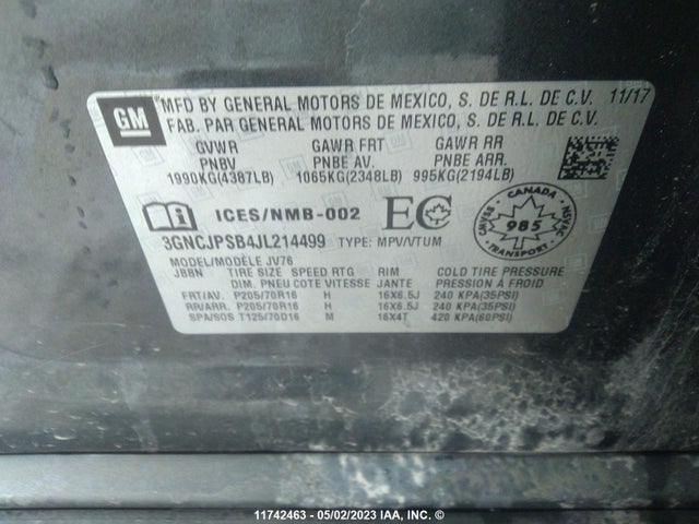 Chevrolet TRAX 1LT 2018 3GNCJPSB4JL214499 Image 9