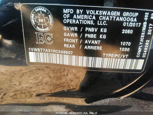 1VWBT7A31HC049507 Volkswagen PASSAT SE