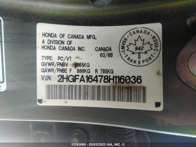 Продажа на аукционе авто 2008 Honda Civic Dx-g, vin: 2HGFA16478H116036, номер лота: 11743060