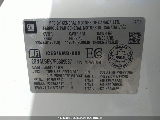 Chevrolet EQUINOX LT 2015 2GNALBEK7F6339587 Image 9