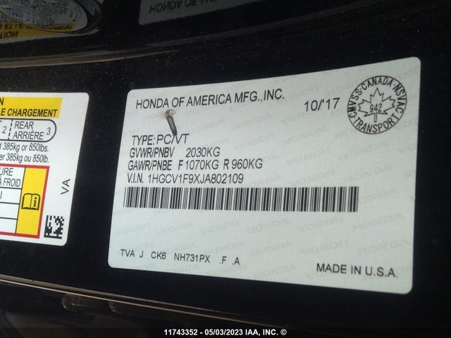 Auction sale of the 2018 Honda Accord Sedan Touring, vin: 1HGCV1F9XJA802109, lot number: 11743352