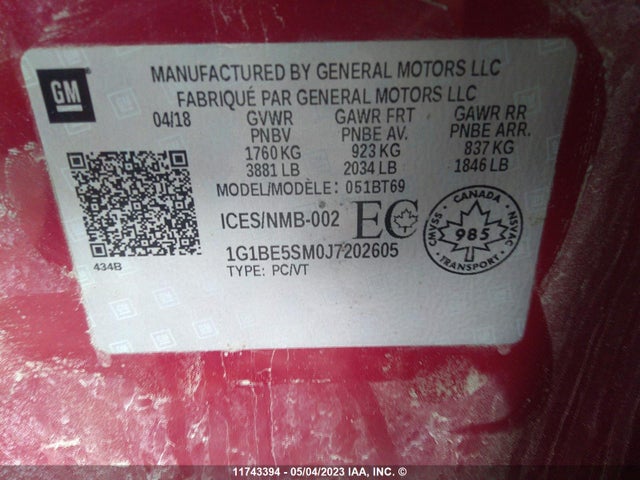 Chevrolet CRUZE LT 2018 1G1BE5SM0J7202605 Image 9