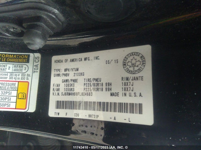 Honda Cr-v Touring 2015 5J6RM4H98FL804683 Image 10