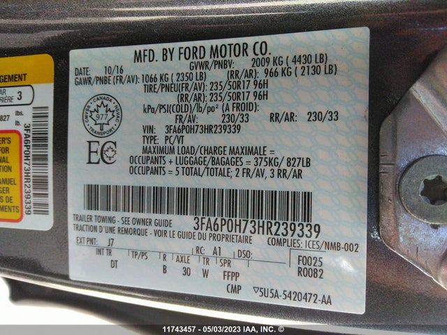 Ford FUSION SE 2017 3FA6P0H73HR239339 Image 9