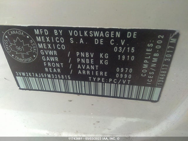 3VW2K7AJ5FM325815 Volkswagen JETTA S