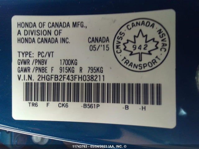Honda Civic Sedan Lx 2015 2HGFB2F43FH038211 Image 11