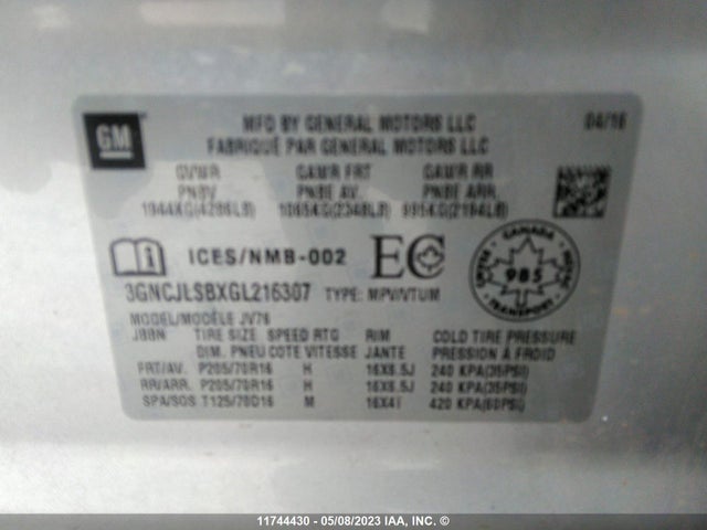 Chevrolet TRAX 1LT 2016 3GNCJLSBXGL216307 Image 10