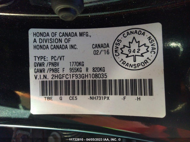 Honda Civic Touring 2016 2HGFC1F93GH108035 Image 10