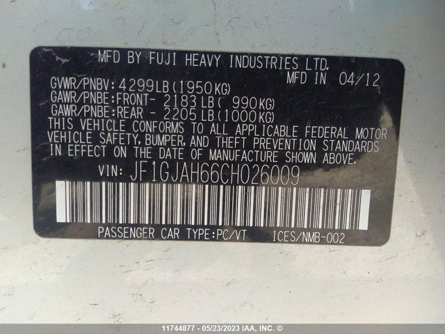 Продаж на аукціоні авто 2012 Subaru Impreza Limited, vin: JF1GJAH66CH026009, номер лоту: 11744877