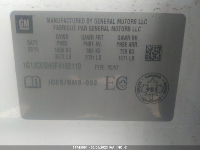 Chevrolet SONIC LT 2015 1G1JC6SH6F4182119 Image 9