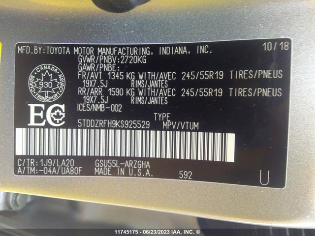 Toyota Highlander Limited 2019 5TDDZRFH9KS925529 Image 10