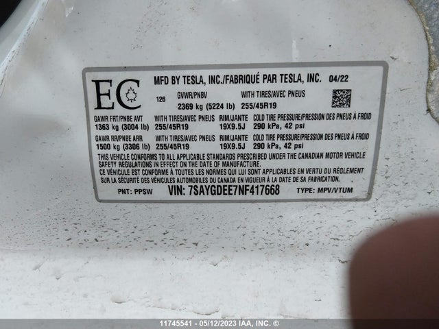 Tesla Model Y Long Range 2022 7SAYGDEE7NF417668 Image 10