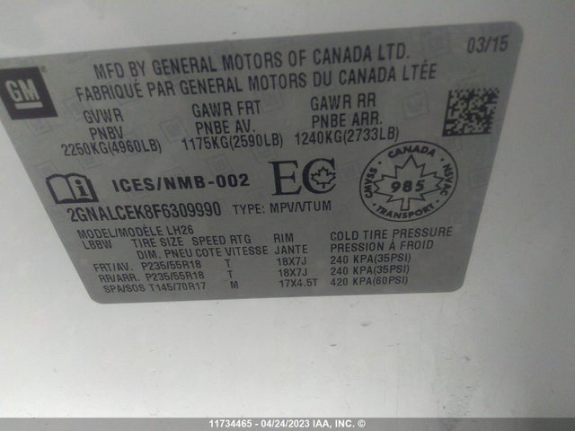 Chevrolet EQUINOX LT 2015 2GNALCEK8F6309990 Image 9