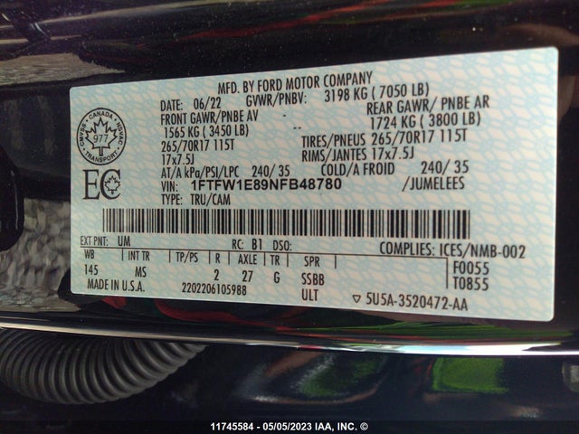 Ford F-150 Xl/xlt/lariat 2022 1FTFW1E89NFB48780 Image 10