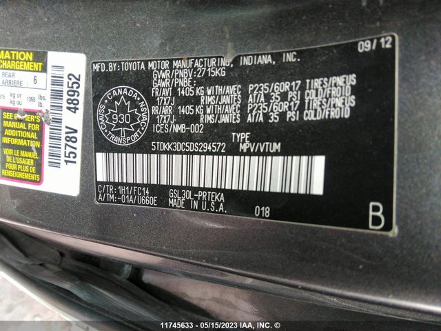 11745633 :رقم المزاد ، 5TDKK3DC5DS294572 vin ، 2013 Toyota Sienna Le مزاد بيع