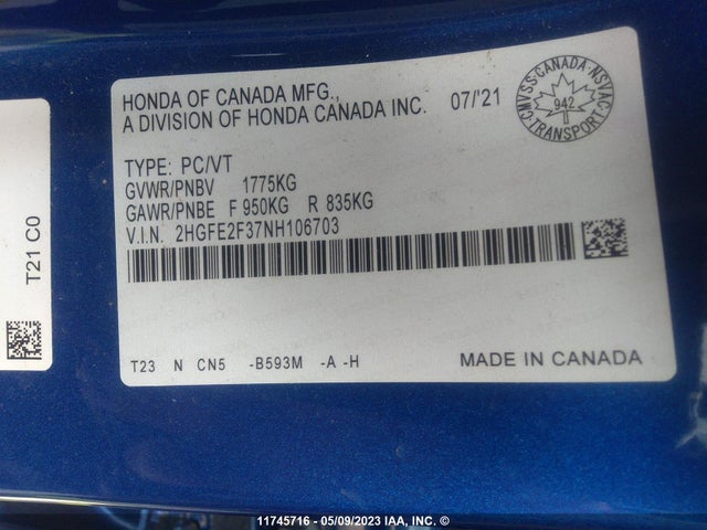 Honda CIVIC EX 2022 2HGFE2F37NH106703 Image 10