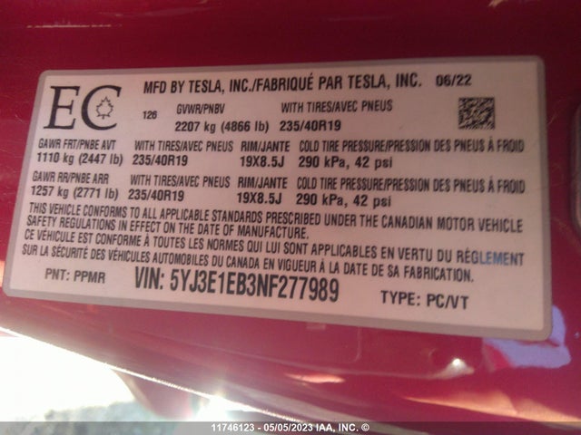 Tesla MODEL 3 2022 5YJ3E1EB3NF277989 Image 9
