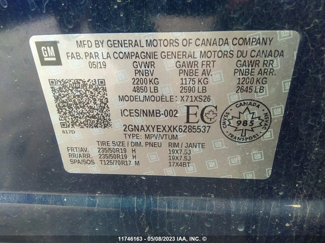 Aukcja sprzedaży 2019 Chevrolet Equinox Premier, vin: 2GNAXYEXXK6285537, numer aukcji: 11746163
