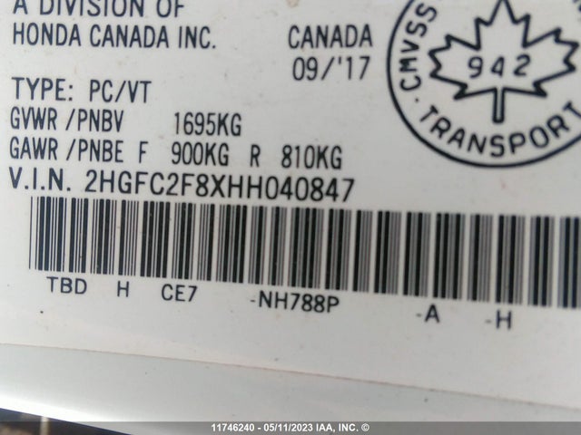 Honda Civic Sedan Ex 2017 2HGFC2F8XHH040847 Image 9