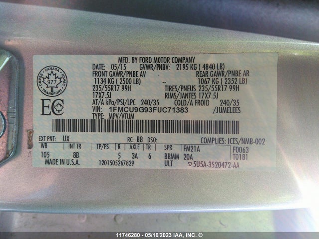 Ford ESCAPE SE 2015 1FMCU9G93FUC71383 Image 10