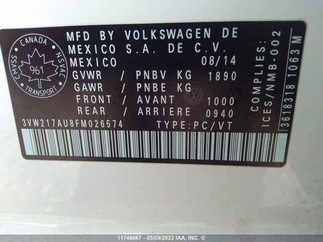 3VW217AU8FM026574 Volkswagen GOLF