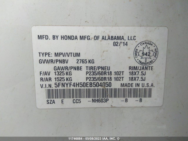 Honda Pilot Ex-l 2014 5FNYF4H50EB504050 Image 9