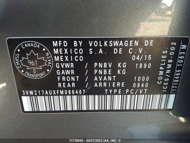 3VW217AUXFM086467 Volkswagen GOLF