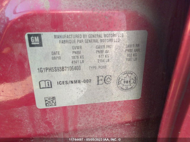 11744497 :رقم المزاد ، 1G1PH5S93B7106400 vin ، 2011 Chevrolet Cruze Ltz Turbo W/1sa مزاد بيع