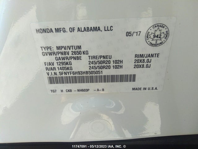 Honda Pilot Touring 2017 5FNYF6H93HB505051 Image 9