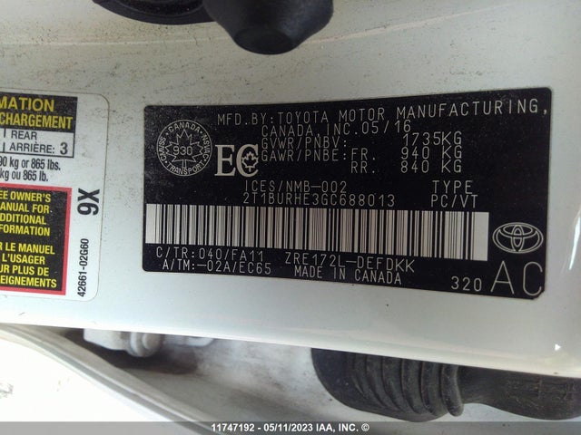 Toyota COROLLA CE/S/LE 2016 2T1BURHE3GC688013 Image 10