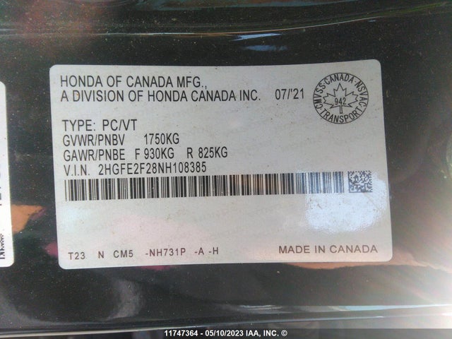 Honda CIVIC 2022 2HGFE2F28NH108385 Image 11