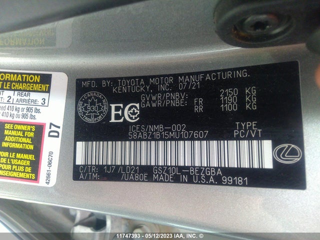 58ABZ1B15MU107607 Lexus ES 350