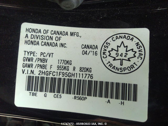 Honda Civic Touring 2016 2HGFC1F95GH111776 Image 9