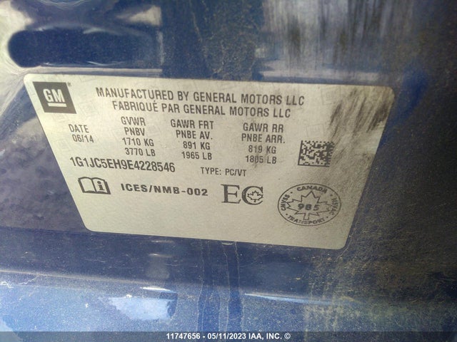 Продажа на аукционе авто 2014 Chevrolet Sonic Lt, vin: 1G1JC5EH9E4228546, номер лота: 11747656
