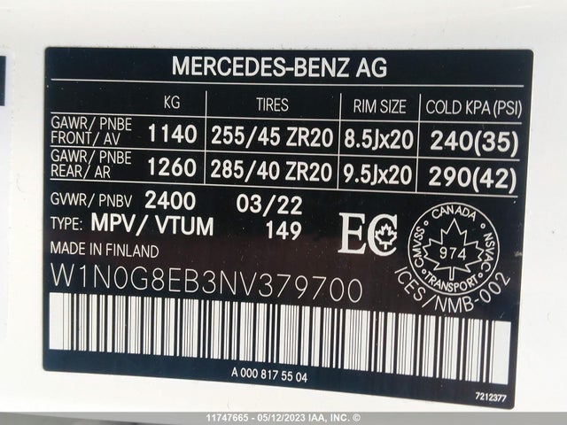 W1N0G8EB3NV379700 Mercedes-Benz Glc 300 4matic