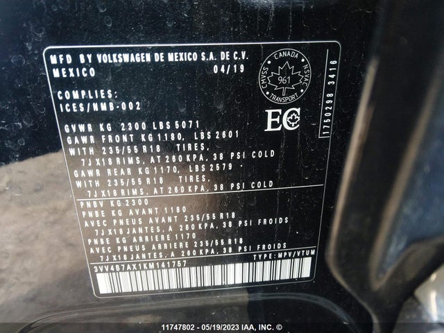 Volkswagen Tiguan Highline 2019 3VV4B7AX1KM141757 Image 10